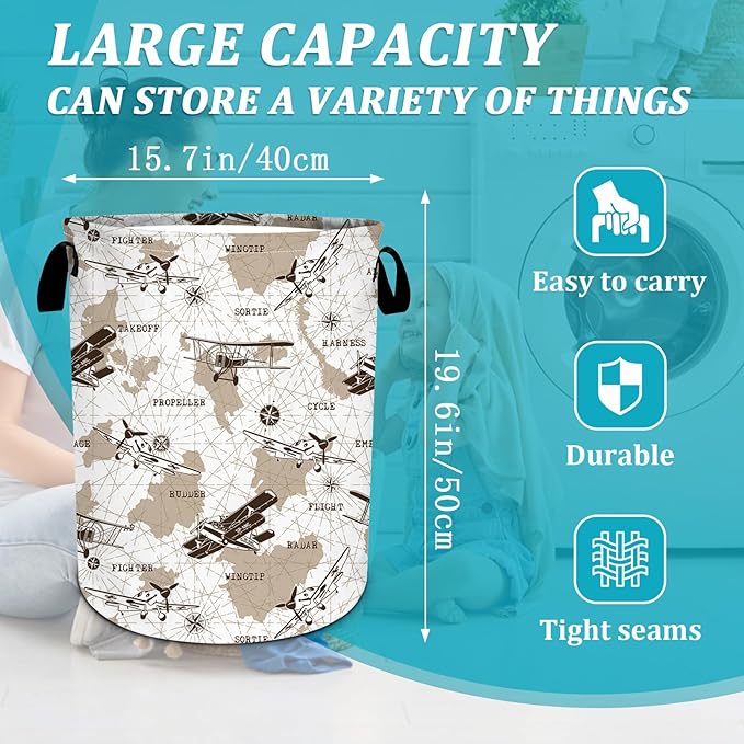 Airplane Laundry Basket, Vintage transportation Laundry Hamper World Map Tote Bag Dirty Clothes Storage Bucket Toy Organizer for Bathroom/Laundry/Bedroom 15.7"x19.6"