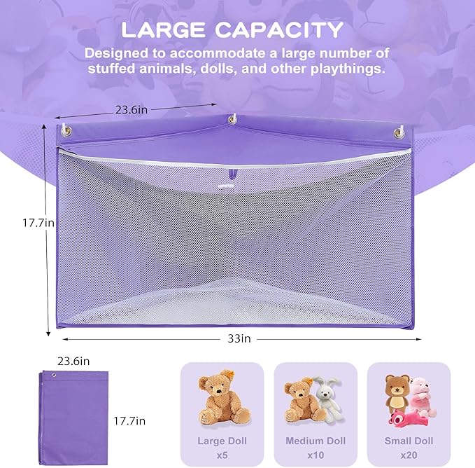 ANROYE Large Corner Stuffed Animal Storage, Kids Plushies Toy Purple Wall Hammock for Girls Room, Baby Squishmallow Holder for Nursery, Organizer Idea for Bear Hanging Display Boy Gift