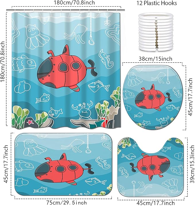 4Pcs Kids Shower Curtain Sets,Boy Bathroom Sets with Waterproof Shower Curtain,Memory Rugs,Non-Slip Rug,Toilet Lid Cover Bath Mat