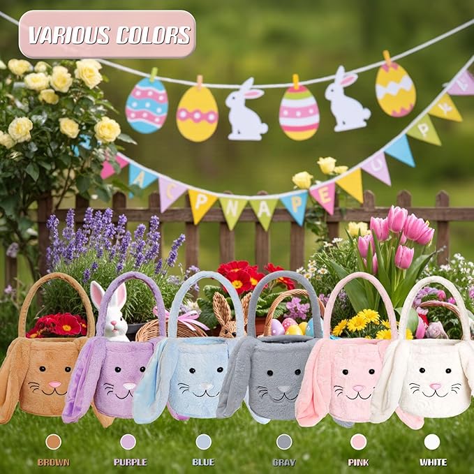 Easter Bunny Basket for Kids, Fluffy Easter Egg Hunt Bag Soft Fabric, Cute Rabbit Tote Bags with Long Plush Ear Easter Tote Bags for Candy Gifts Storage (Brown)