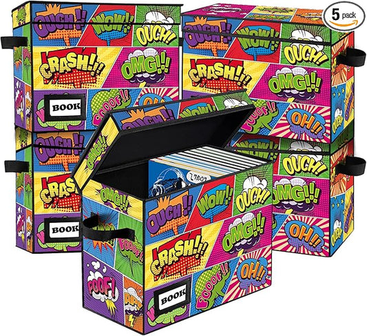 5 Pack Collection Comic Book Storage Boxes, Protector Organizer 15.8" X 7.8" X 11.8" Collapsible Short Box Holds 160-180 Comic Book Heavy Duty Bin Container Holder Shelf
