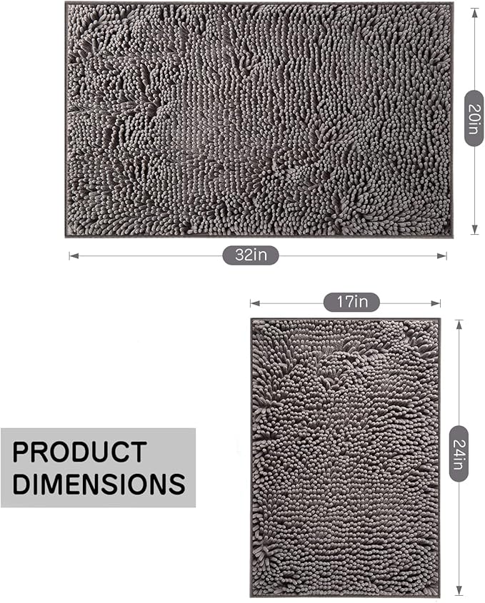 Gray Chenille Bathroom Rugs Set 2 Piece - Non Slip Absorbent Bath Mat for Shower, Quick Dry Machine Washable Floor Mats, Soft Plush, 17"x24"+20"x32" Inch