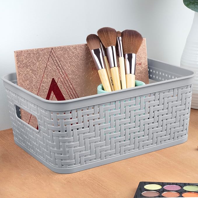 Sterilite 16 Pack Plastic Storage Bin Organization Containers, Short Baskets, Cement