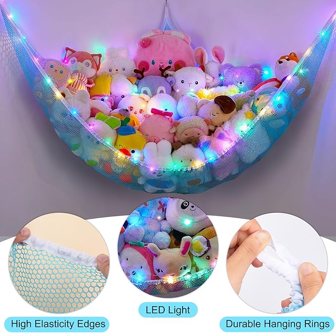 Unicorn Castle Stuffed Animals Net or Hammock Kids Toy Storage Organizer with LED Light Hanging Corner Stuffed Animals Holder Kids Girls Room Decor,Blue,XLarge (Pack of 1)