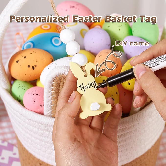 Easter Baskets for Kids, Small Bunny Personalized Easter Basket Empty with Handle, Basket Name Tags, Woven Rope Baby Easter Egg Baskets for Babies Girls Boys Toddler Infant, 8.7" x 6.9" x 6.3"