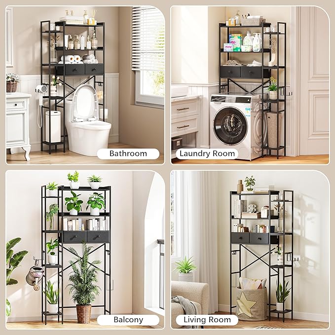 Over The Toilet Storage Shelf with Drawer, 7-Tier Above Toilet Bathroom Organizer with 4 Adjustable Side Shelves, Space Saver Freestanding Rack with Holder & Hook for Laundry Kitchen (Black)