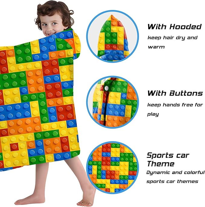Hooded Towels for Kids -Toddler Beach Towel- Super Absorbent & Quick Dry 100% Cotton 35x60 Inch - to Kid Ages 3-12-Building Block Swim Towels