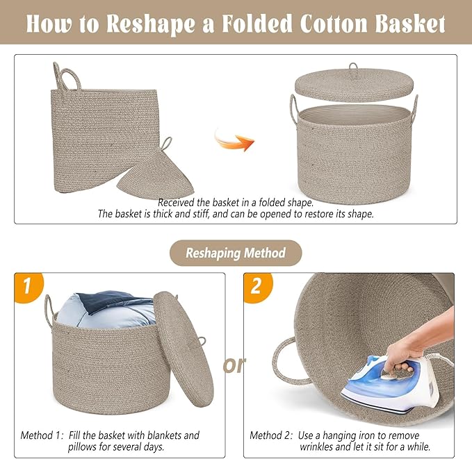 21" x 18" Extra Large storage baskets,Decorative blanket basket with lid for Living room,rope baskets with lid,wicker hamper for bedroom,Big,Round,Brow