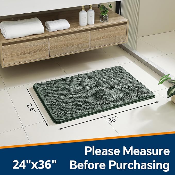 Hunter Green Bathroom Rugs 24"x36" - Plush Chenille Non-Slip Bath Mat - Absorbent, Washable, Soft and Thick Decor for Shower, Sink, Tub, Home Accessories