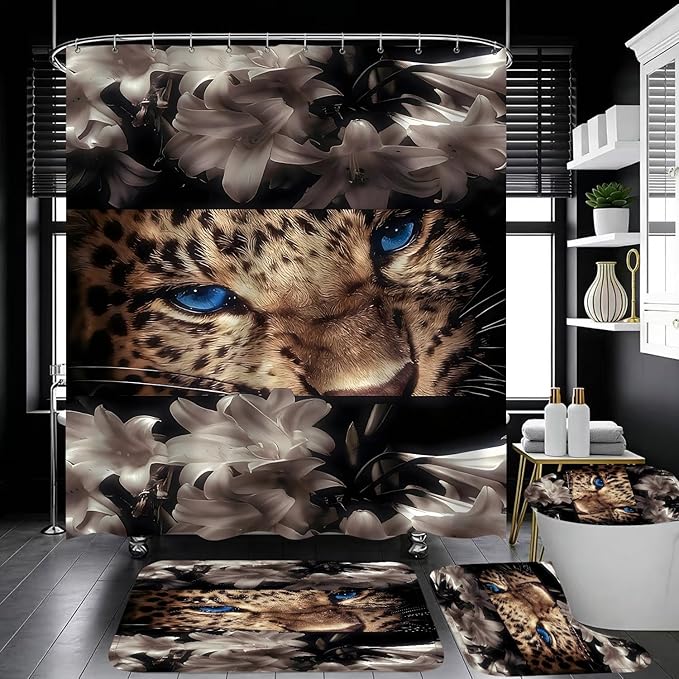 4 Piece Brown Shower Curtain Set with Rugs, Majestic Blue Eyes Leopard & White Lily Floral Art, Modern Aesthetic Waterproof Fabric Bathroom Decor, Non-Slip Mats & Toilet Lid Cover