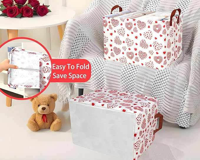 Large Valentine's Day Basket Heart Shaped Storage Bin for Gifts Collapsible Organizer Room Decor (Leopard Print Line Love)