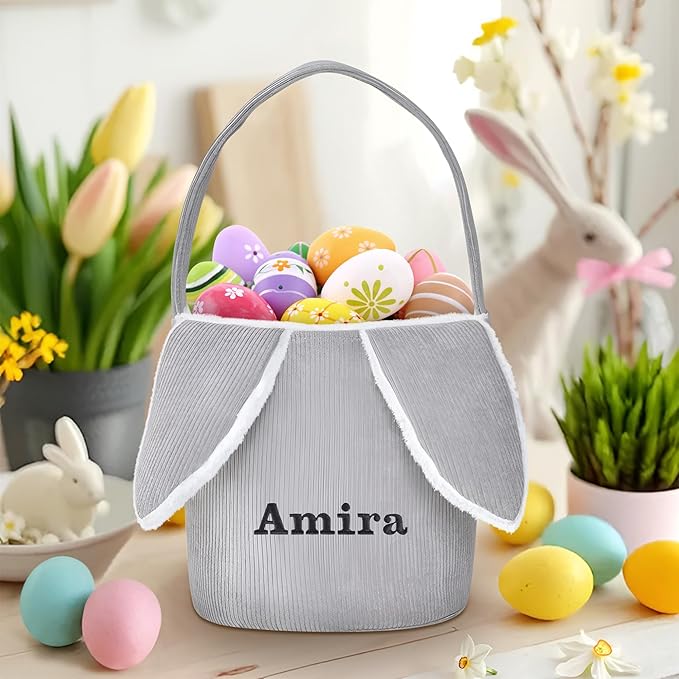 Easter Basket, Touber Easter Bunny Basket, Personalized Easter Baskets for Kids, Easter Gifts Basket for Girls Baby Children - Bunny Ear Grey