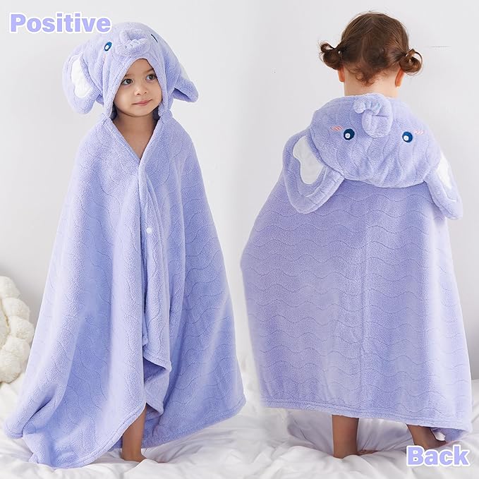 Hooded Towel for Kids, 2 Pack Coral Fleece Kids Bath Towels, Soft and Absorbent Toddler Towels with Hood Age 0-12 Years for Toddler, Infant, Kids - Large 27.5 X 55 inch (Blue Elephant&Brown Bear)