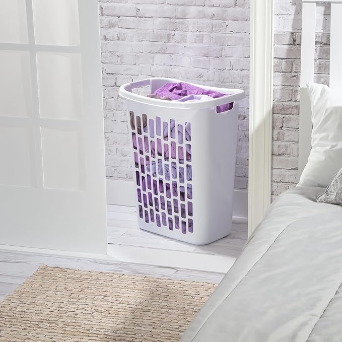 Slim Rectangular Laundry Hamper, Open Top Plastic Basket for Small Spaces, Modern style, sturdy and durable, White