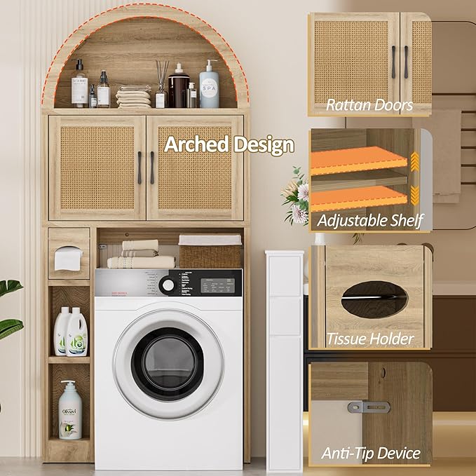 Over The Toilet Storage Cabinet, Over Toilet Bathroom Organizer with Rattan Doors, Arched Storage Organizer Cabinet with Anti-Tip Device and Adjustable Shelf for Bathroom, Natural