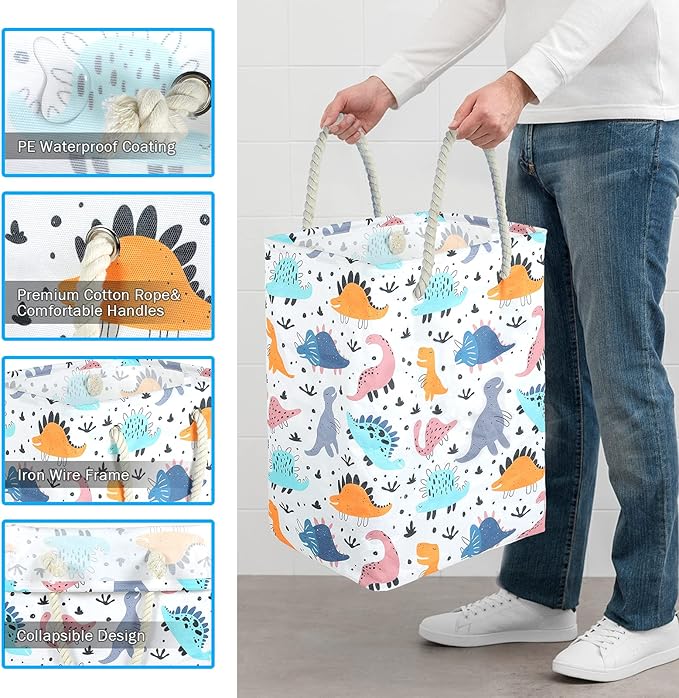 Dinosaurs Laundry Hamper, 78L Large Collapsible Tall Laundry Basket Waterproof Dirty Clothes Bag with Cotton Ropes Handles Washing Storage Bin for Clothes, Toys, Nursery, Bedroom, Bathroom, College