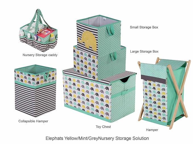 Bacati - Large Storage Tote Elephants Mint/Yellow/Grey14 x 14 x 10 inches