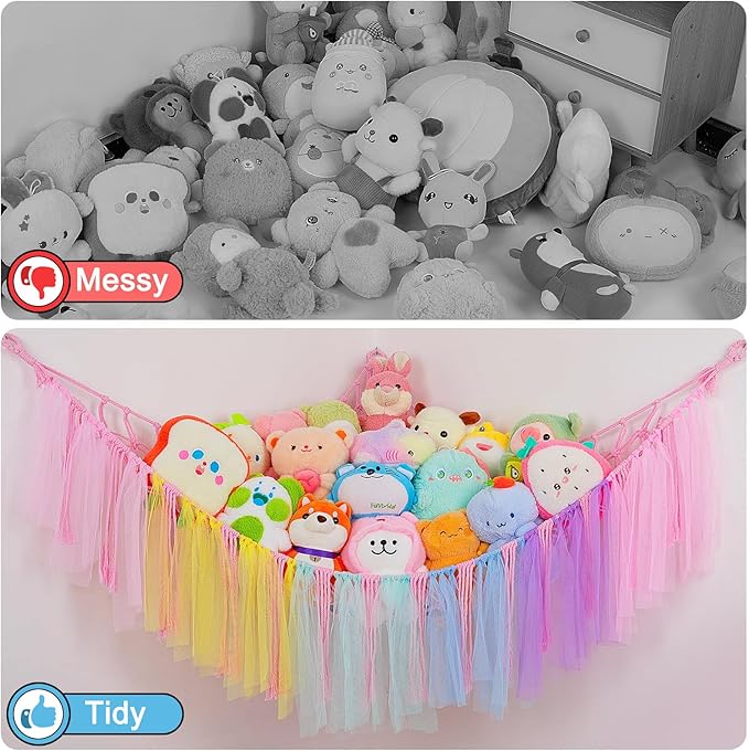 FIOBEE Stuffed Animals Net or Hammock with LED Light, Toy Hammock Hanging Stuffed Animals Storage Organizer Holder Room Décor for Nursery Kids Bedroom