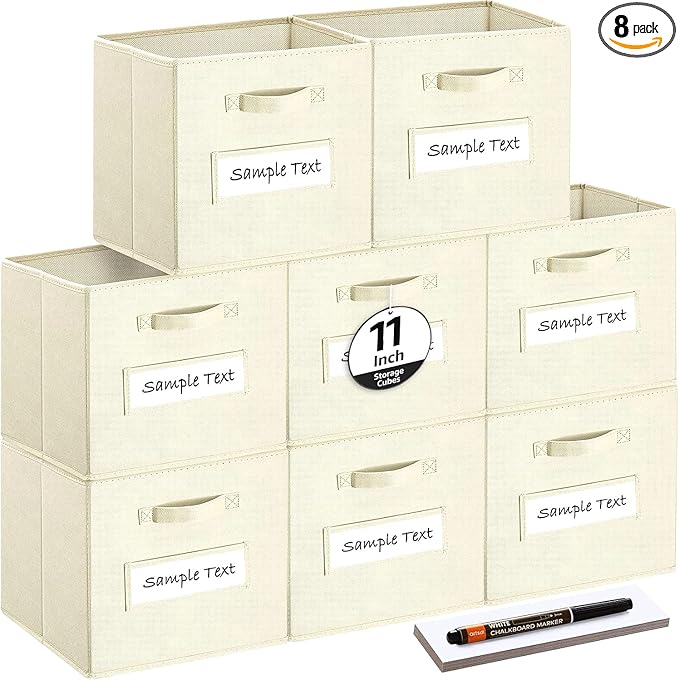 artsdi Fabric storage cubes (Set of 8) 11 Inch Cube Storage Bin, Cube storage with 8 Labels Window Cards & a Pen, Foldable cube organizer bins,11x11 Storage bin, Cubby Organizer Boxes, Beige