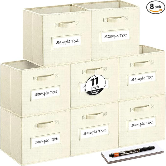 artsdi Fabric storage cubes (Set of 8) 11 Inch Cube Storage Bin, Cube storage with 8 Labels Window Cards & a Pen, Foldable cube organizer bins,11x11 Storage bin, Cubby Organizer Boxes, Beige