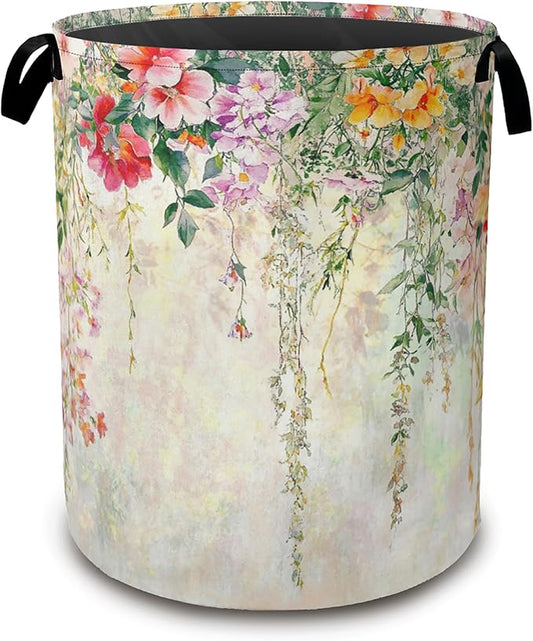 Abstract Colorful Flowers Laundry Basket,Watercolor Painting Collapsible Laundry Baskets with Handles,Waterproof Oxford Cloth Storage Basket 16"x20" for Bathroom/Bedroom/Dormitories