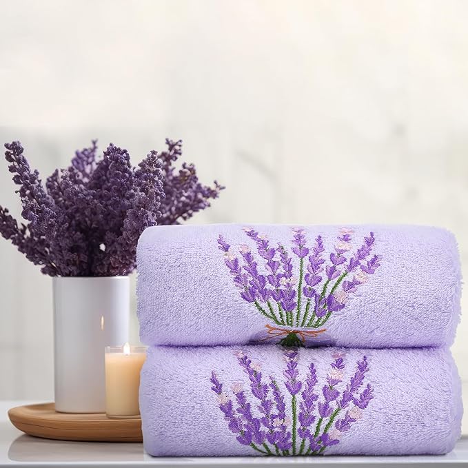 2 Pcs Lavender Hand Towels Purple Bathroom Decor 14x29 Inch Embroidered 100% Cotton Soft Absorbent Spring Summer Decorative Hand Towels for Bathroom Kitchen