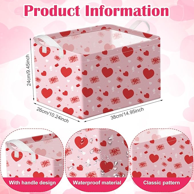 Bucherry 6 Pcs Valentine's Day Storage Baskets Empty Red White Pink Heart Collapsible Waterproof Canvas Storage Bin Organizer with Handles for Galentines Gifts Bookshelf Box Laundry Decor