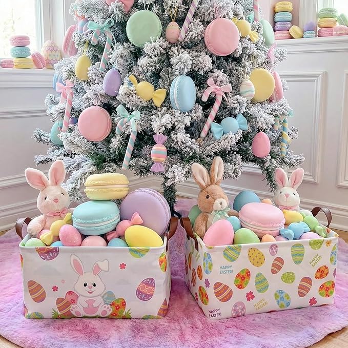 3 Pack Easter Storage Baskets Waterproof Canvas with Leather Handles Bunny Basket Box Collapsible Storage Bins Box for Closet Toys Clothes Room Decor Gift Basket