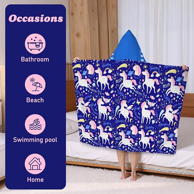 Hooded Towels for Kids Unicorn 50" x 30" Toddler Bath Beach Towel Poncho with Hood Super Soft and Absorbent 100% Microfiber for Girls Ages 3-10