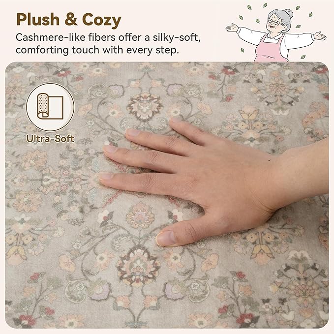 GRANNY SAYS Boho Bathroom Runner 47"x 18" Non-Slip,Quick Dry & Washable Vintage Bath Rug,Distressed Farmhouse Plush Velvet Bath Mat for Sink Shower and Bathtub, Flower Beige
