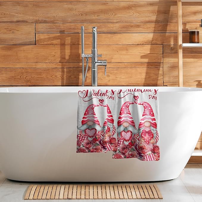 Happy Valentine's Day Hand Bath Towel Set of 2 Soft Absorbent Pink Red Love Heart Flowers Dishtowel Romantic Gnome Bouquet Tea Towels Cooking Wash Cloth for Kitchen Bar Beach Gym Spa Decor 14x28 Inch