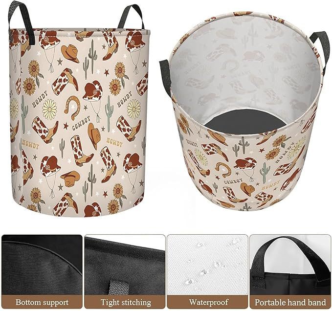 Western Cowboy Cactus Laundry Basket for Boy, Large Canvas Collapsible Organizer Storage Laundry Hamper Basket for Nursery,Office,Toy Organizer,Home,Decor - 19.7" X 15.7 "