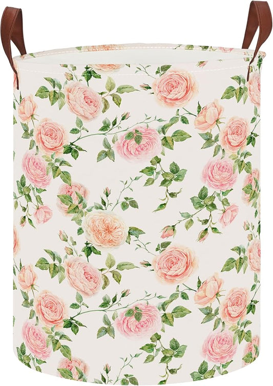 CLOCOR Round Collapsible Flat Storage Basket,Space-Saving Fabric Laundry Hamper for Clothes,Nursery Hamper,Gift Basket(Watercolor Rose)