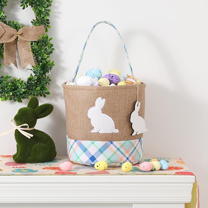 Easter Basket – Bunny Basket with DIY Blank Wooden Bunny Tag for Kids, Boys, Girls, Easter Egg Hunt, Candy Gift Storage (Bule)
