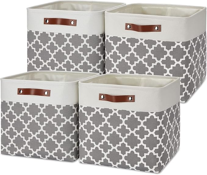 Temary 13ﾗ13ﾗ13 Foldable Storage Cube Baskets Fabric Cube Storage Basket for Organizing Cloth Storage Bins with Leather Handles for Gifts Empty, Closet (Grey Lattice)