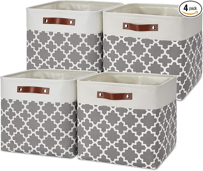 Temary 13ﾗ13ﾗ13 Foldable Storage Cube Baskets Fabric Cube Storage Basket for Organizing Cloth Storage Bins with Leather Handles for Gifts Empty, Closet (Grey Lattice)