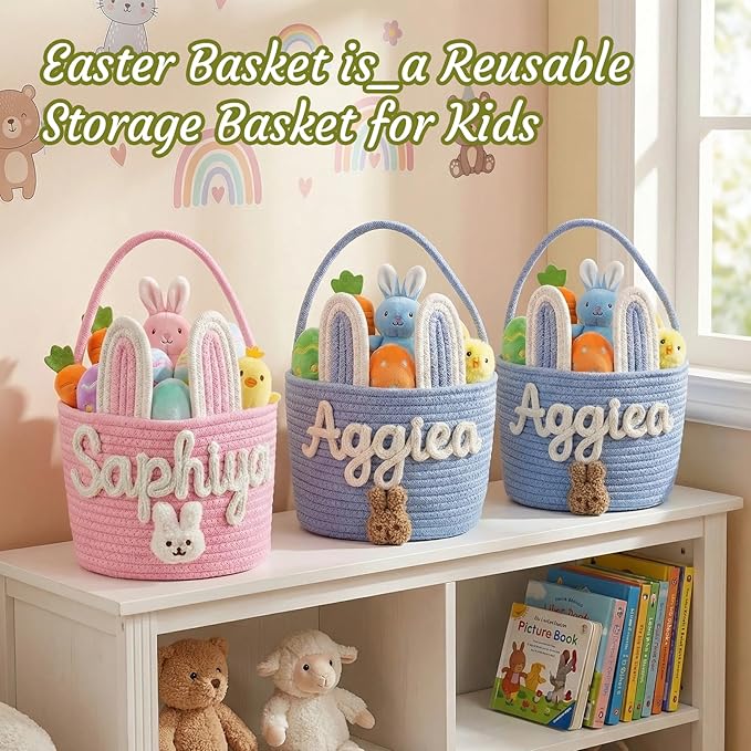 Personalized Easter Basket for Kids with Name - Custom Cute Embroidery Easter Bunny Rope Basket for Boys Girls, Easter Egg Hunt Basket (8 Colors+Rabbit Ear)