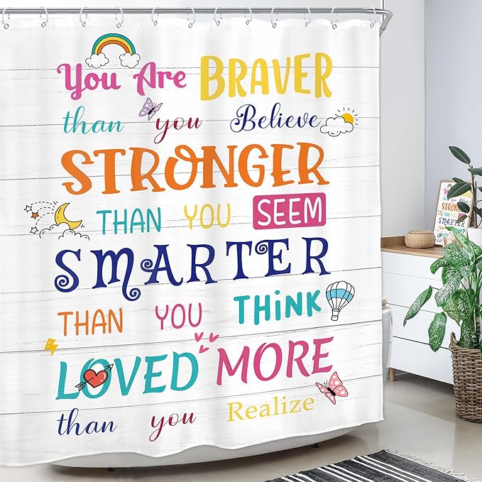 Homewelle Kids Quotes Shower Curtain Colorful Inspirational Motivational Positive Sayings 60Wx72H Inch Multicolor Encouragement for Children Toddler Waterproof Polyester Fabric Bathroom Bathtub