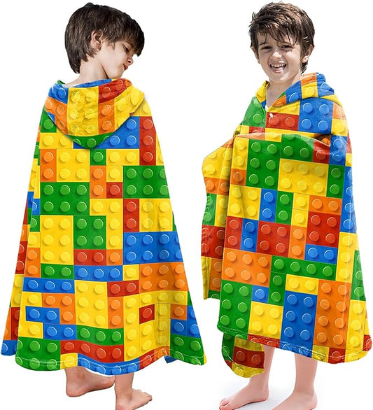 Hooded Towels for Kids -Toddler Beach Towel- Super Absorbent & Quick Dry 100% Cotton 30x50 Inch - to Kid Ages 3-10-Building Block Swim Towels