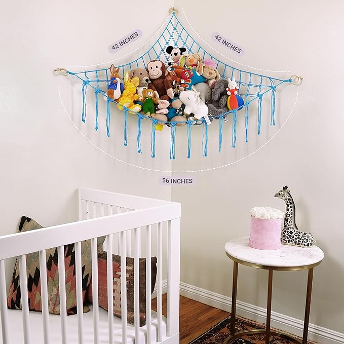 Large Stuffed Animal Hammock Corner - Stuffed Animal Storage - 100% Natural Cotton Macrame Stuffed Animal Net - Stuff Animal Organizer - Net For Stuffed Animals Corner Large-Blue