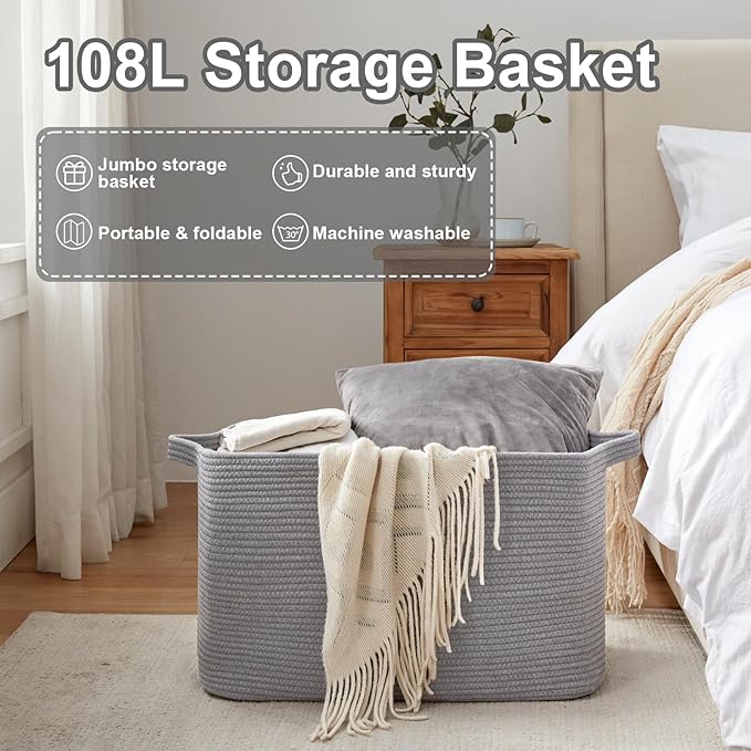 108L Extra Large Blanket Basket, 24.8" x 16.2" x 16.2" Rectangle Woven Storage Baskets for Living Room, Nursery, Bedroom, Toy Basket with Handle (Dark Grey)