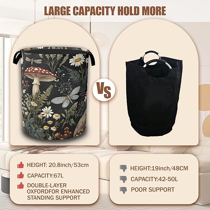 Wild Mushroom Forest Laundry Basket, Laundry Hamper Waterproof Oxford Cloth Tote Collapsible,Clothes Storage Bucket Decorative Toy Organizer For Bathroom Bedroom 16" x 20.8"