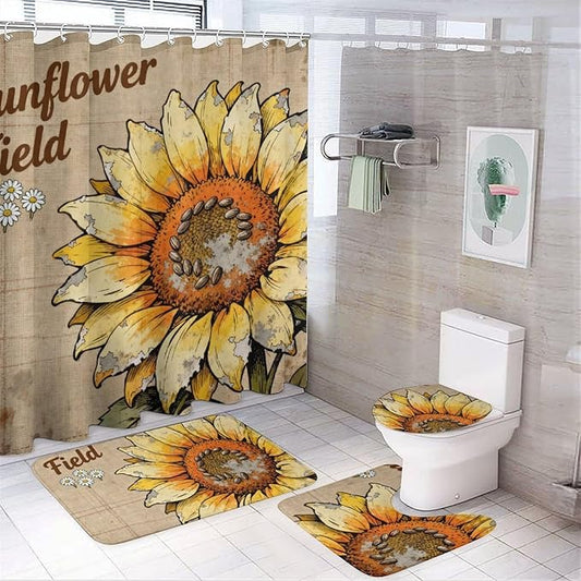 4 Piece Bathroom Rug Set with Shower Curtain, Non-Slip Bath Mat Toilet Cover Set, Pastoral Style Bathroom Rug Sets