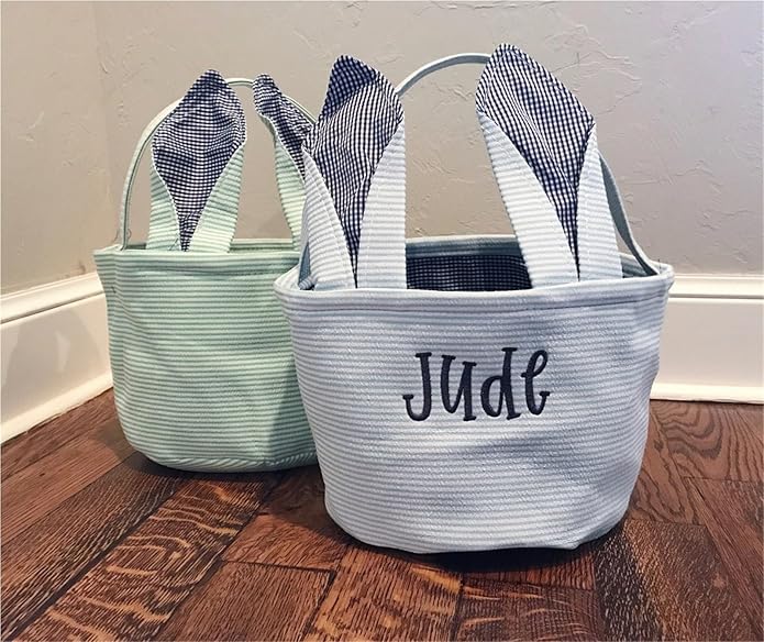 Personalized Seersucker Easter Basket with Gingham Bunny Ears - Custom Embroidered Canvas Basket