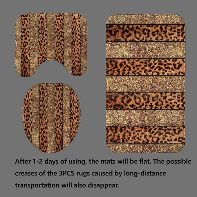 4PCS Leopard Print Shower Curtain Set, African Safari Animal Skin Panthera Fur Brown Cheetah Print Stripes Shining Bling Modern Glam Bathroom Decor, Non-Slip Bath Mat Toilet Rug, Gold Glitter