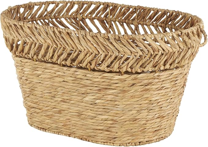 Deco 79 Seagrass Handmade Decorative and Functional Storage Basket Large Woven Oval Basket Organizer with Zig Zag Patterned Rim, Basket for Storage 30" x 20" x 17", Brown