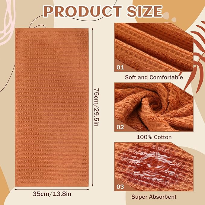 4 Pack Burnt Orange Hand Towels Waffle Striped Pattern 100% Cotton Soft Hand Towels for Bathroom 13 x 29 Inch Absorbent Waffle Washcloths for Bathroom Kitchen