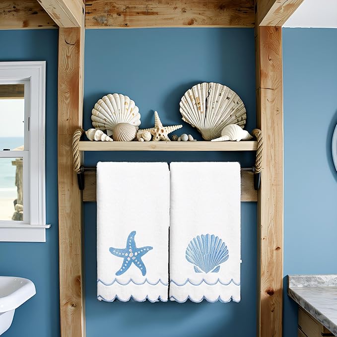 2Pcs Coastal Scalloped Hand Towels Light Blue Scallop Embroidered Dish Towel 100% Cotton Cute Decorative Ocean Bath Hand Towel for Kitchen Bathroom(Coastal Blue)