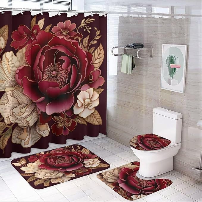 4Pcs Shower Curtain Set with Rugs Rug Toilet Lid Cover and Non-Slip U Shape Mat Elegant Burgundy Floral Waterproof Shower Curtain Red and White Floral for Bathroom Decor Set