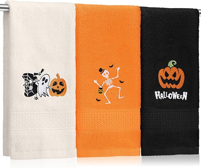 3 Pcs Halloween Hand Towels for Bathroom Embroidered Pumpkin Ghost Skull Bathroom Towel Farmhouse Decorative 13.78 x 29.53 Inch Absorbent Soft Cotton for Kitchen Dish Fast Drying Decor